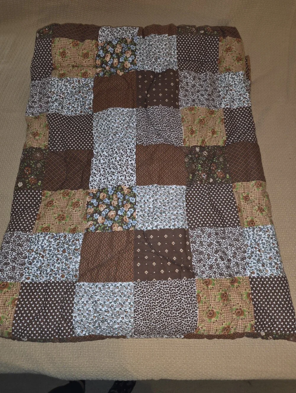 Vintage 1960s 1970s Cotton Brown Quilted Patch Work Floral Sleeping Bag Blanket